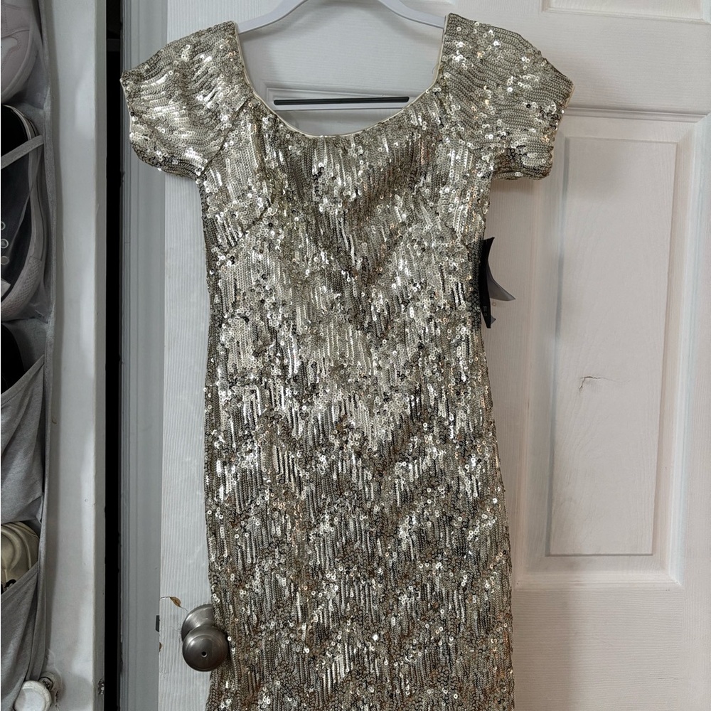 Aidan Mattox Gold Sequin Sheath Dress with Puff Cap Sleeves